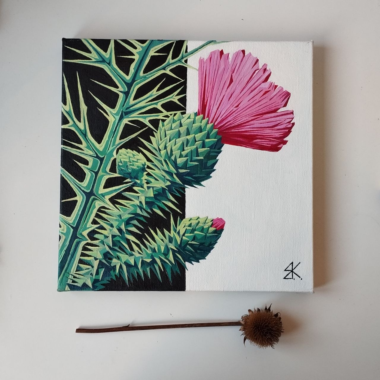 Artwork by Evgeny Kreshchensky — Prickly Thistle 2025. Oil on canvas with a dried flower still life composition